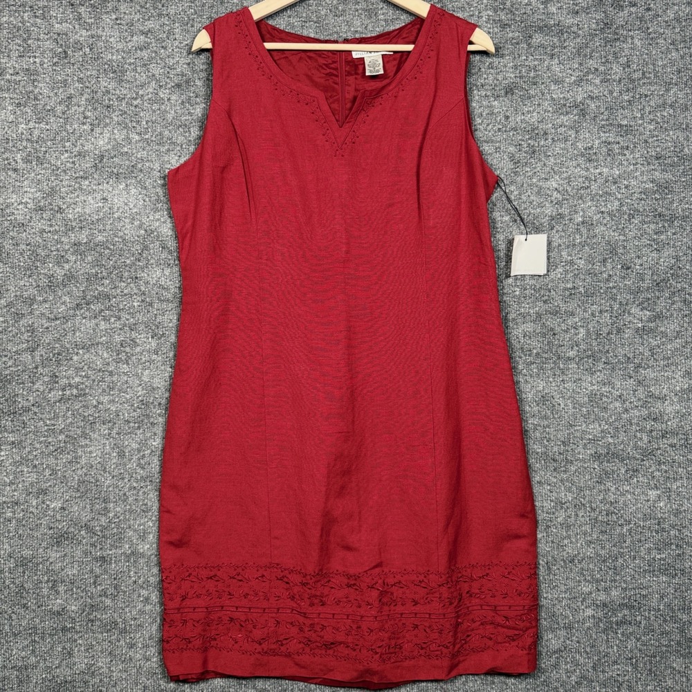 Jillian Jones‎ 14 Midi Shift Dress Ruby Red Linen Rayon Blend Embroidered Sequin